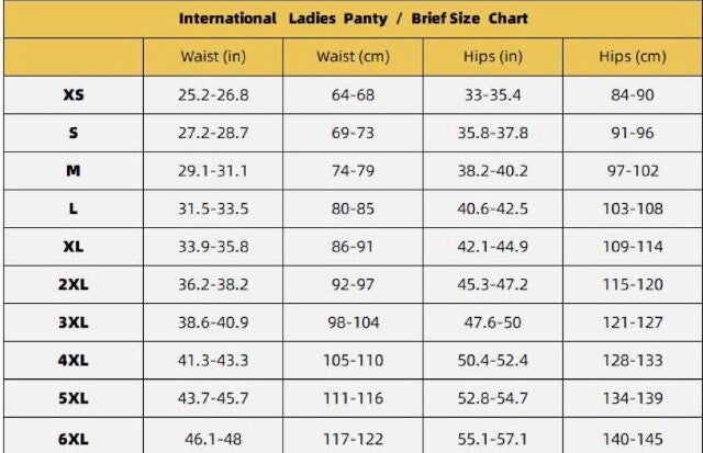 Nickeze Ciara Period Underwear size chart